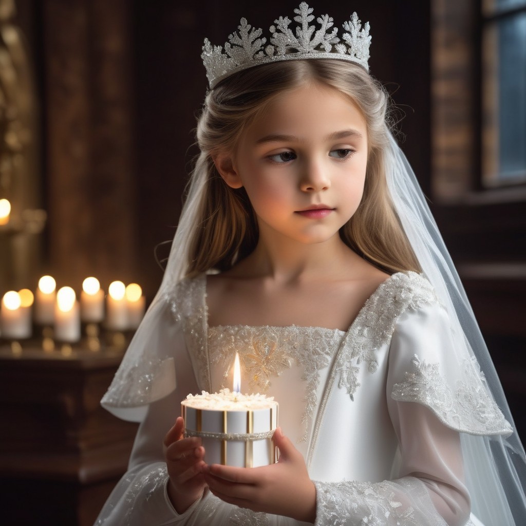Young Girl in White Dress with Candle in Dim Light