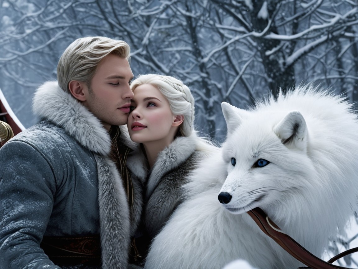 Couple in Snowy Forest with White Fox and Winter Attire