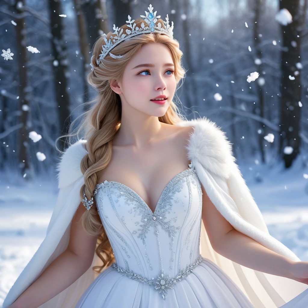 Young woman in white gown in snowy forest setting