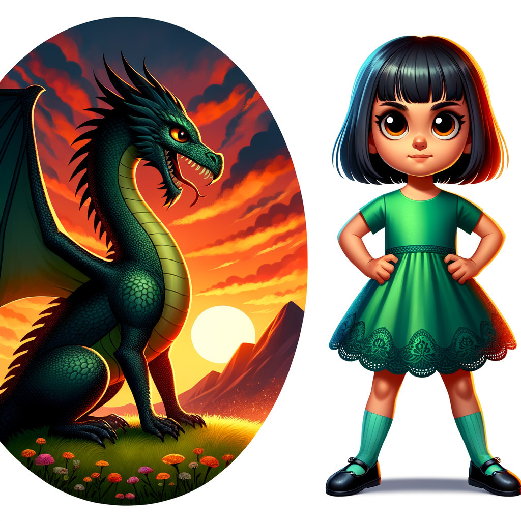 Green Dragon and Girl in Whimsical Sunset Scene