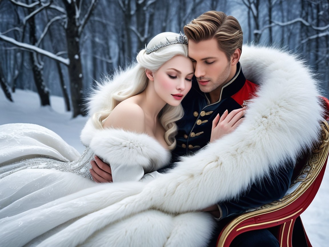 Couple Embracing in a Snowy Enchanted Forest