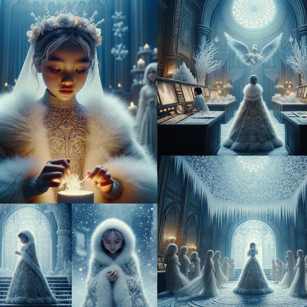Serene Winter Scene with Elegant Gowns and Ice Sculptures