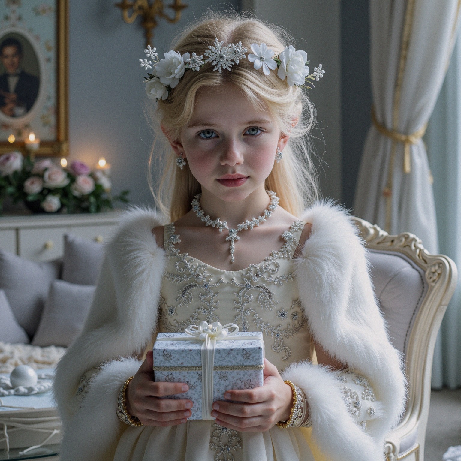 Young girl in cream dress with gift box and accessories