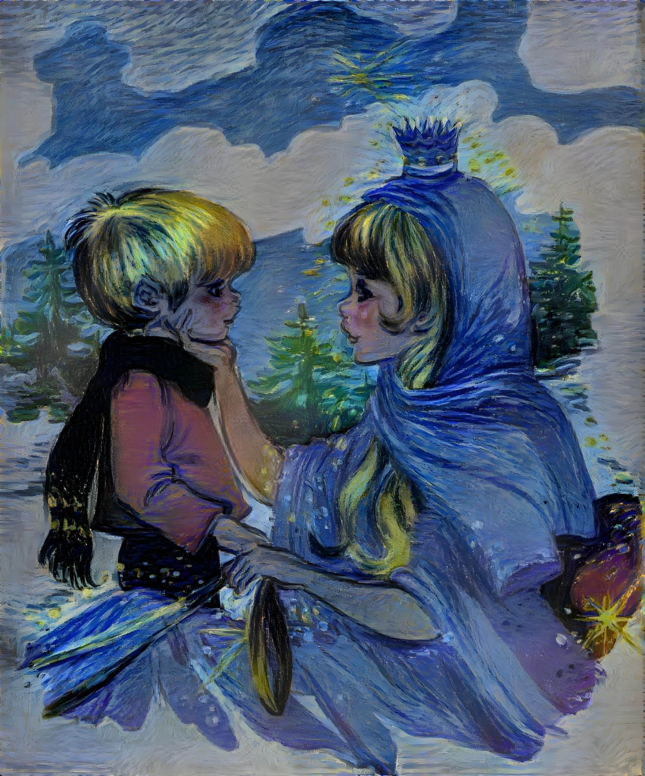 Young Boy and Girl in a Magical Snowy Landscape
