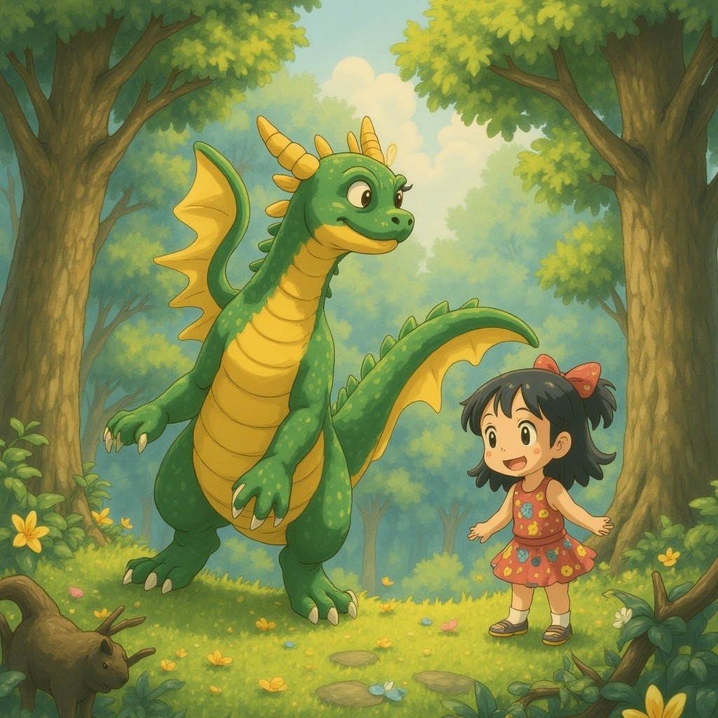Cheerful girl and green dragon in vibrant forest