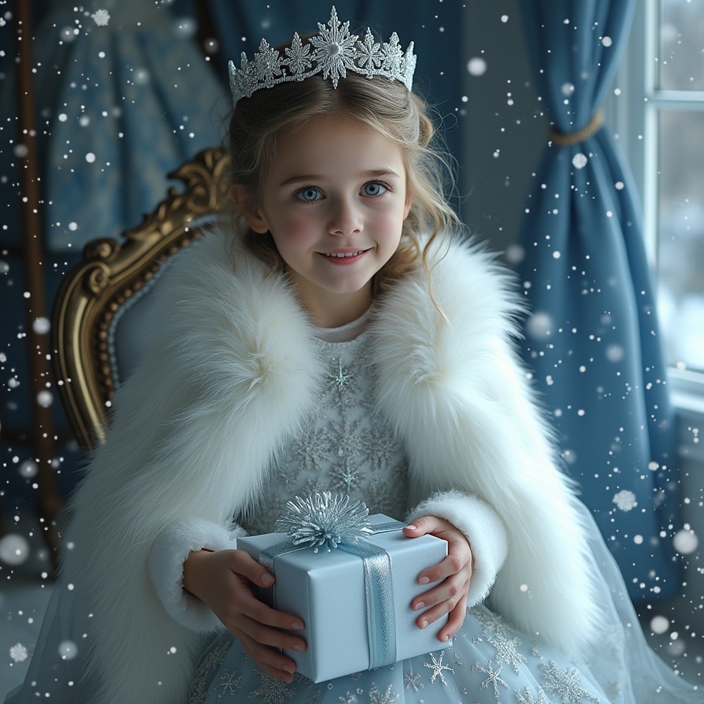 Young girl in blue gown with gift in winter setting