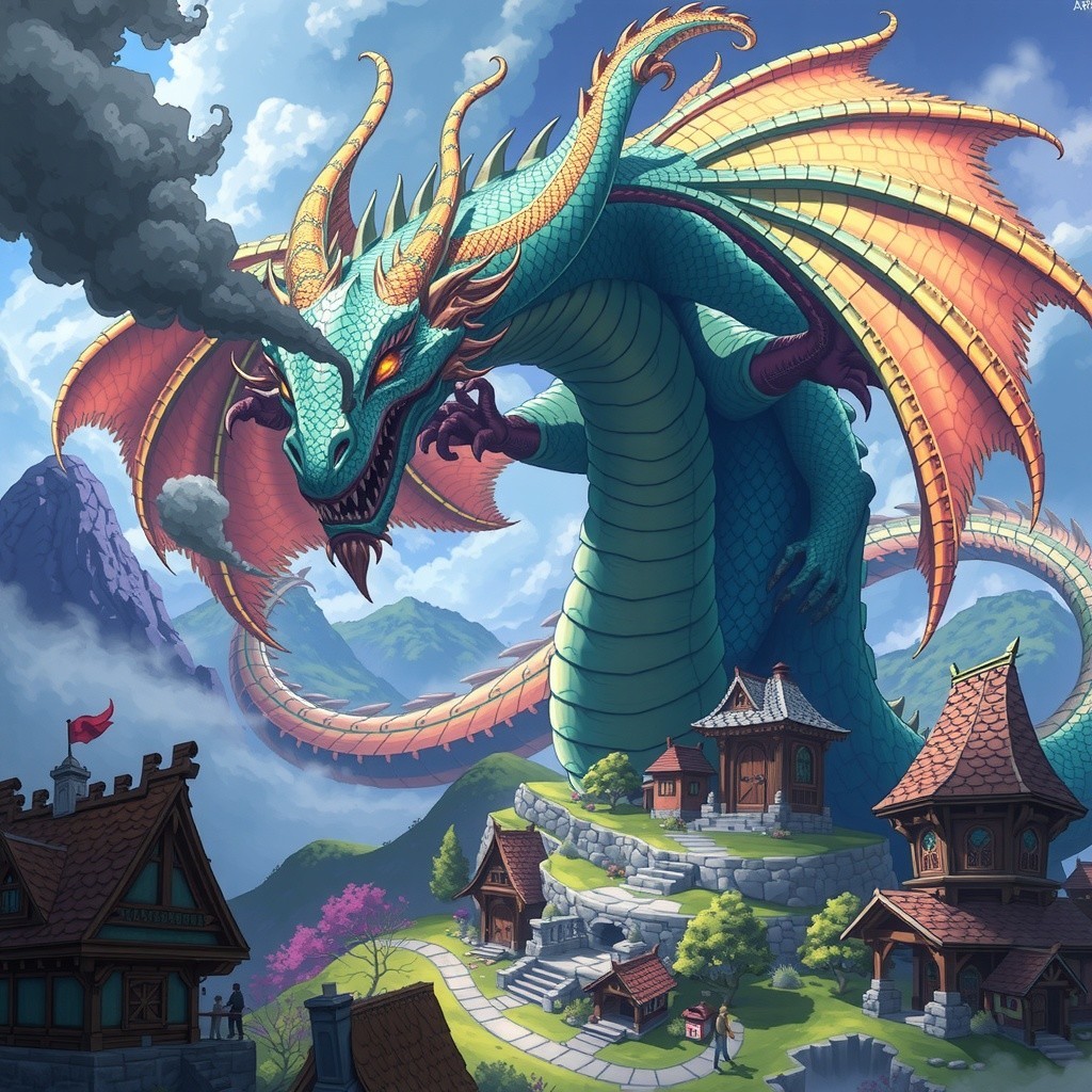 Majestic dragon above a quaint mountain village