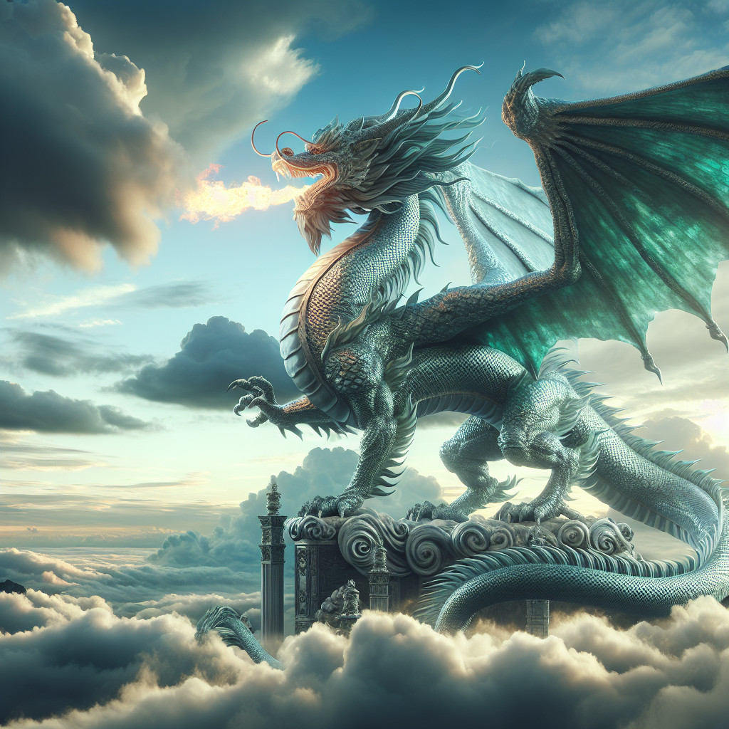 Majestic dragon on cloud pedestal with fiery breath