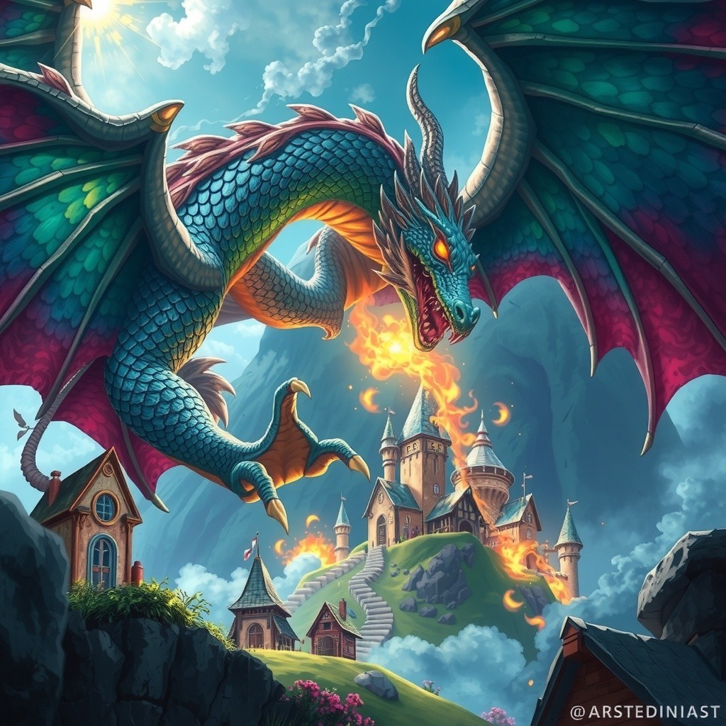 Dragon Soaring Over Castle in Lush Valley Landscape