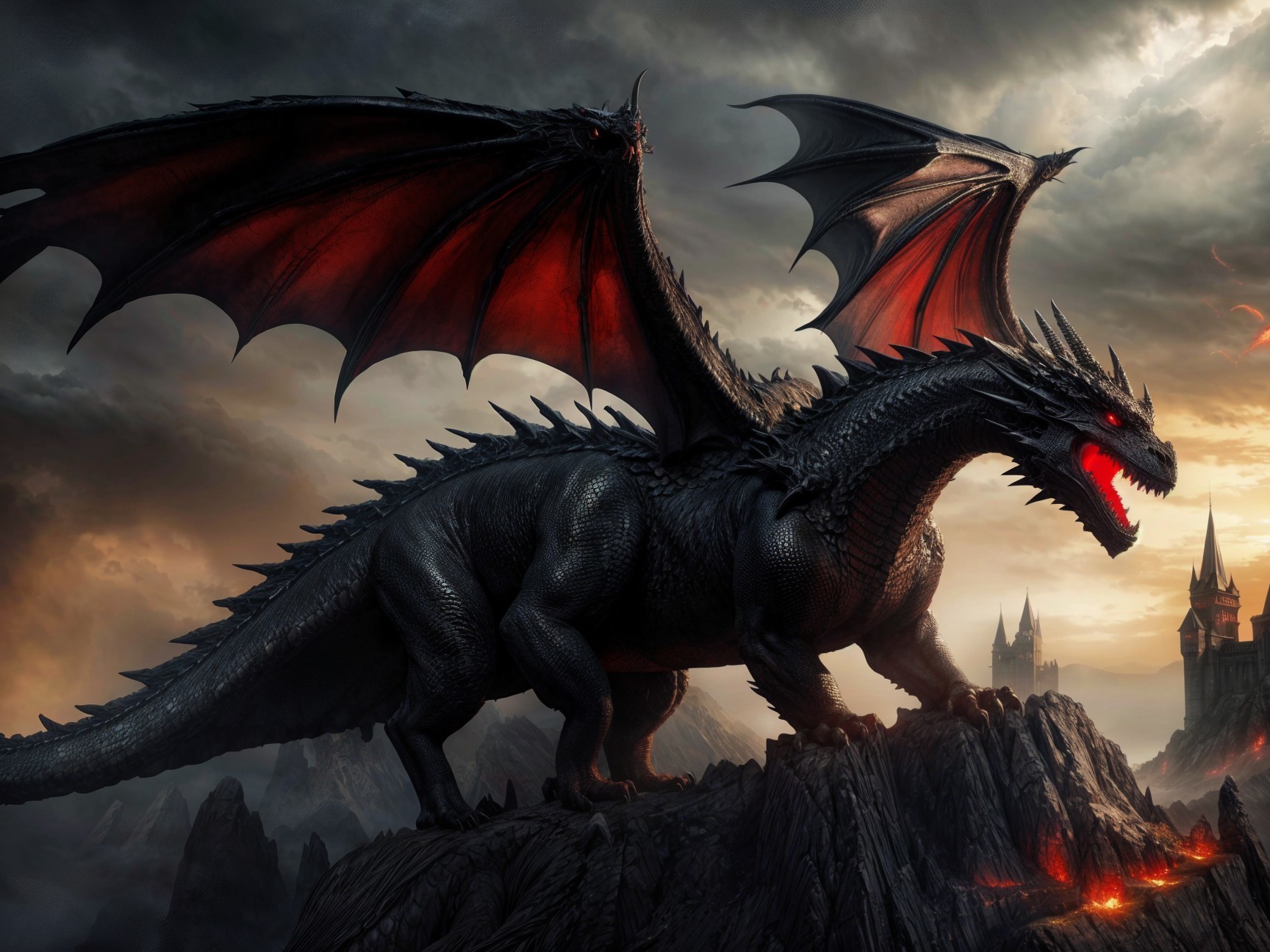Majestic Dragon on Rocky Landscape with Castle Background