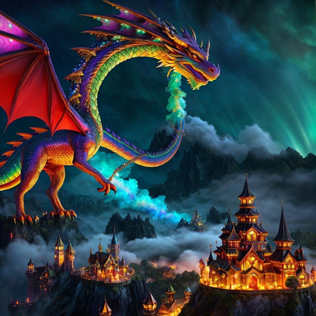 Colorful dragon in a mystical landscape at night