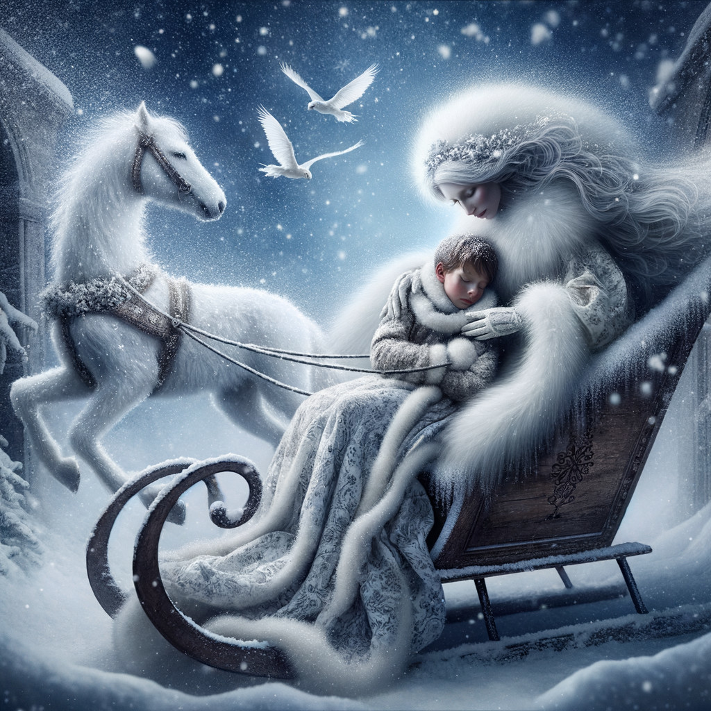 Magical Winter Scene with Woman, Boy, and Horse