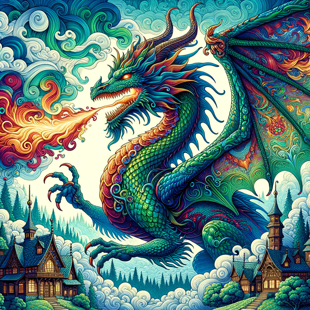 Vibrant Dragon Breathing Fire in Whimsical Landscape