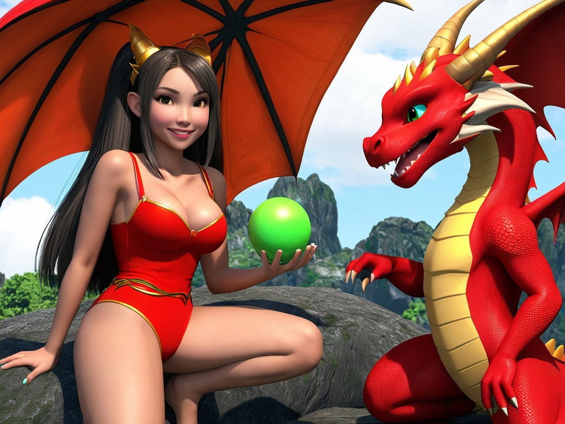 Fantasy scene with woman, dragon, and green orb