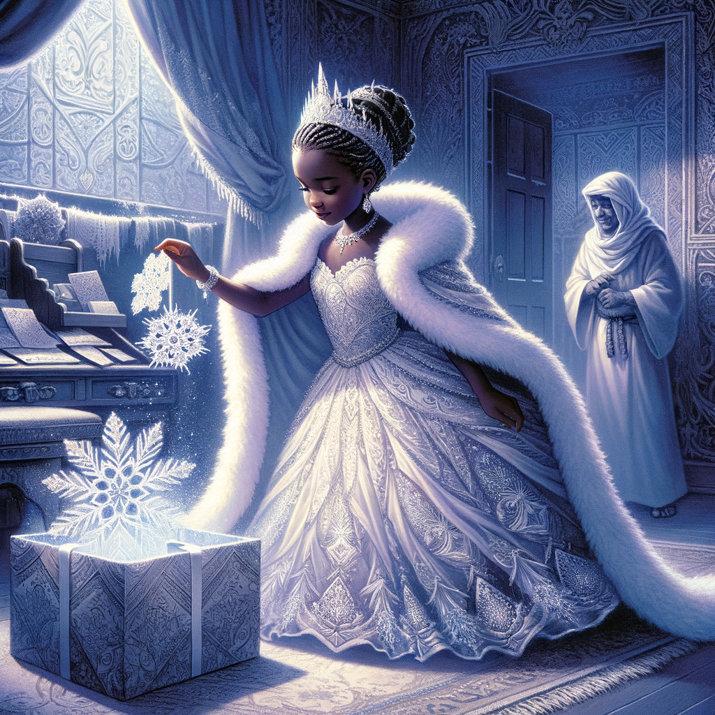 Young girl in white gown with snowflake and gift