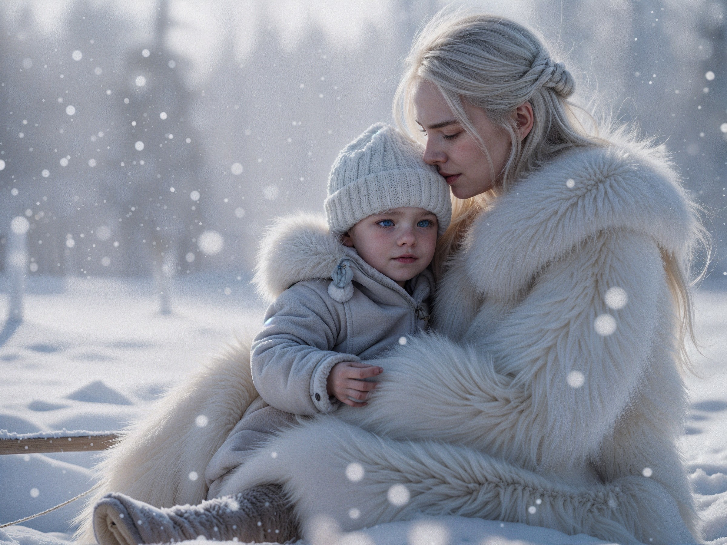 Winter Scene of Mother and Child in Snowy Landscape