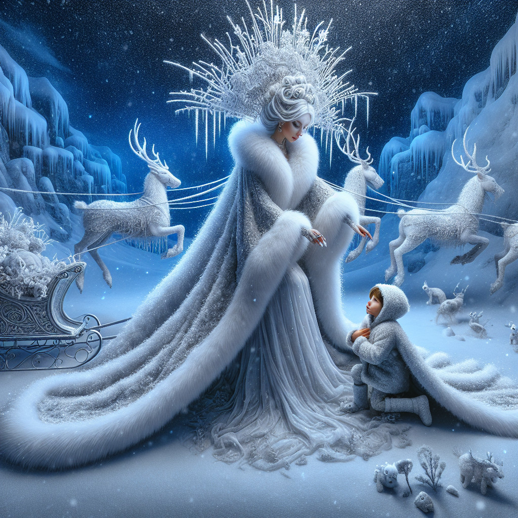 Regal figure in winter scene with child and reindeer sleigh