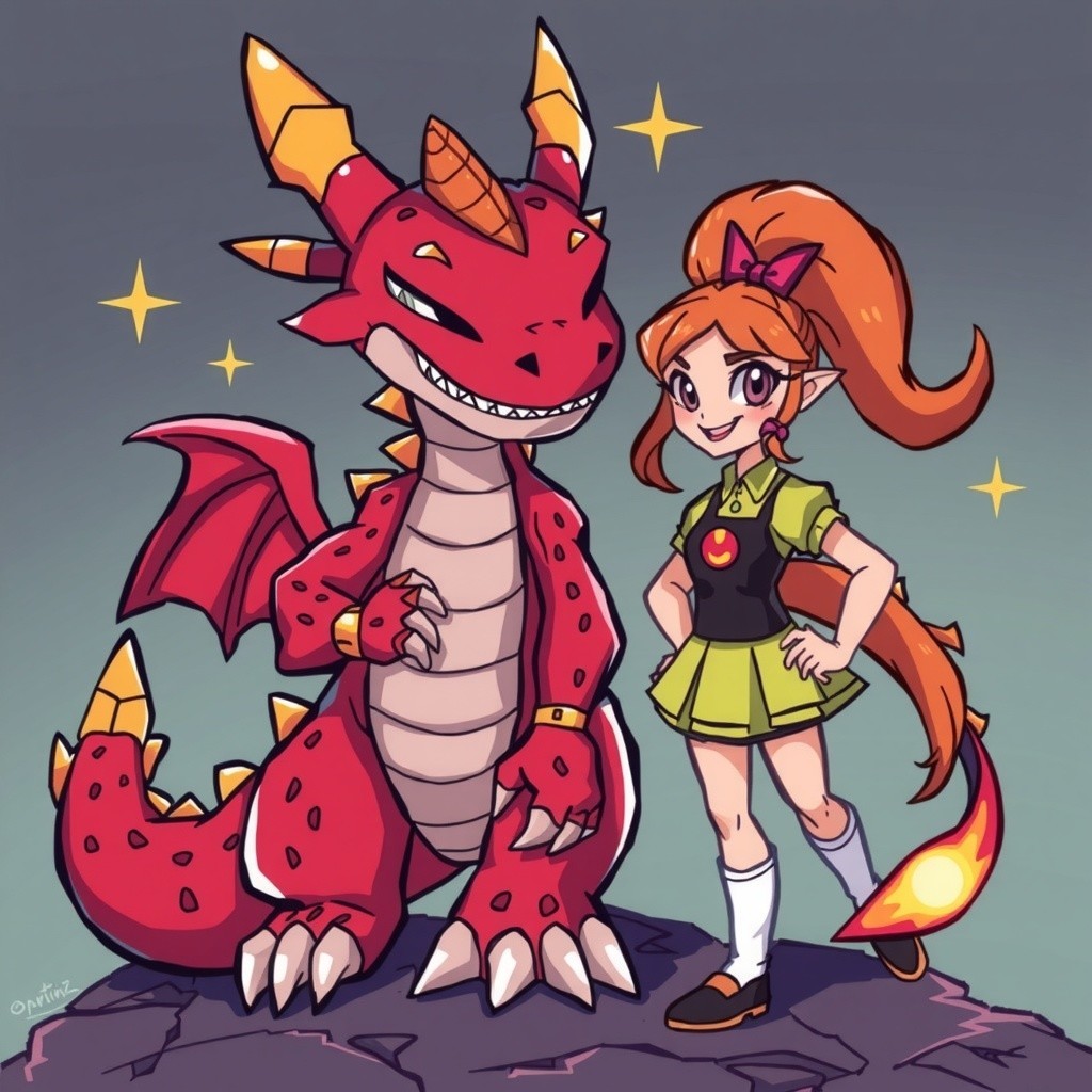 Cheerful girl and friendly red dragon in starry scene