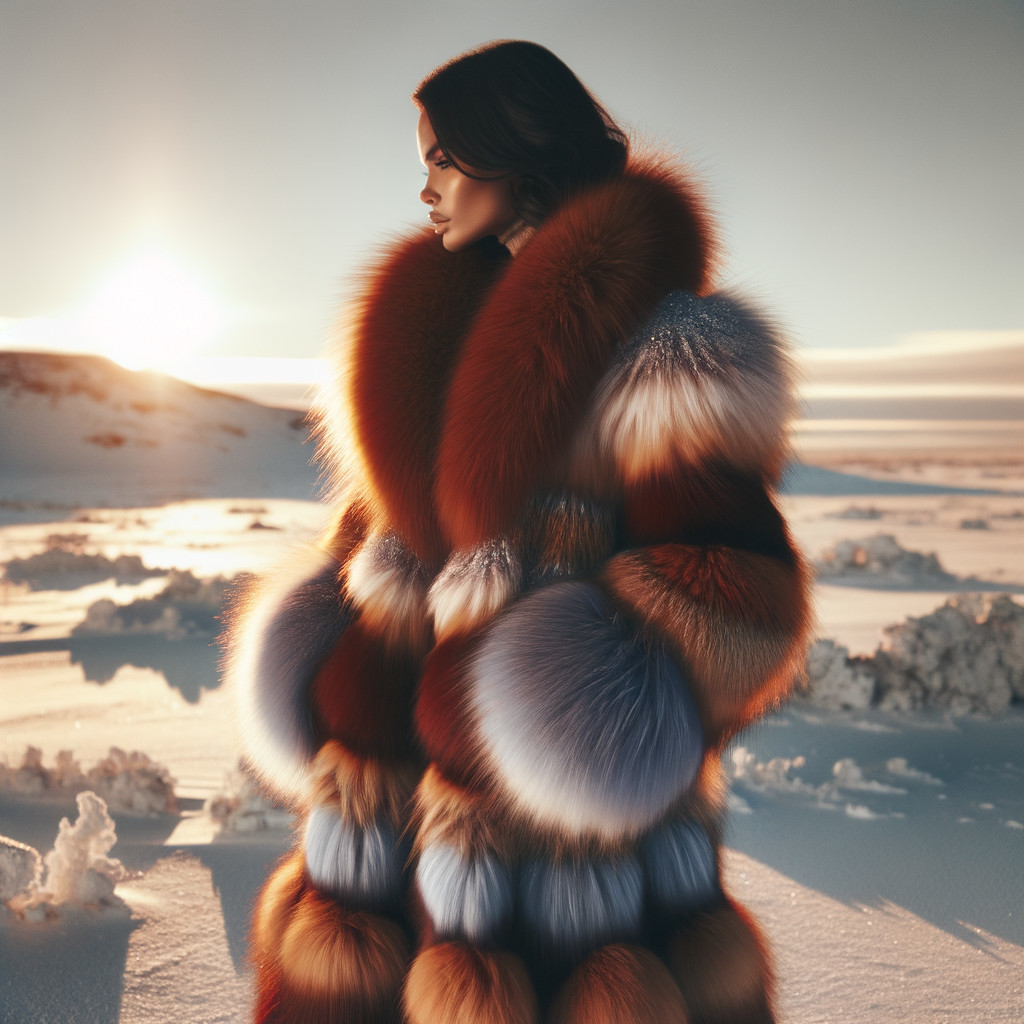 Fashion Model in Colorful Fur Coat in Snowy Landscape