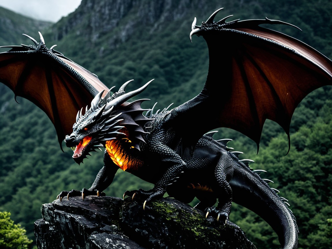 Majestic black dragon on rocky outcrop in mountains