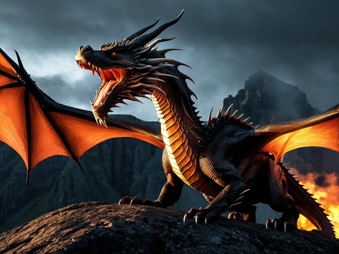 Majestic black dragon on rocky outcrop with dramatic sky