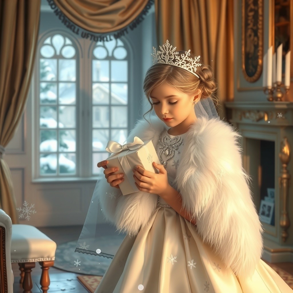 Young girl in white dress with gift in decorated room