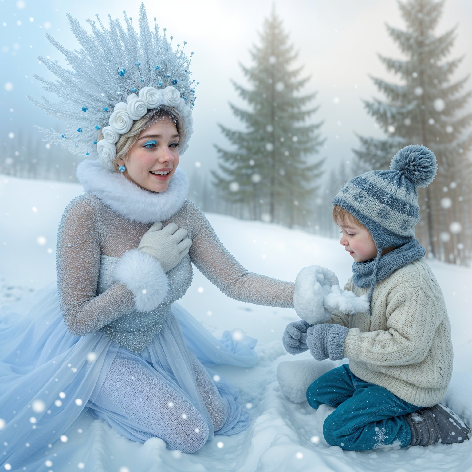 Magical Winter Scene with Child and Enchanted Figure