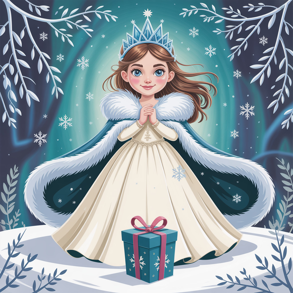 Young girl in winter princess attire in snowy landscape