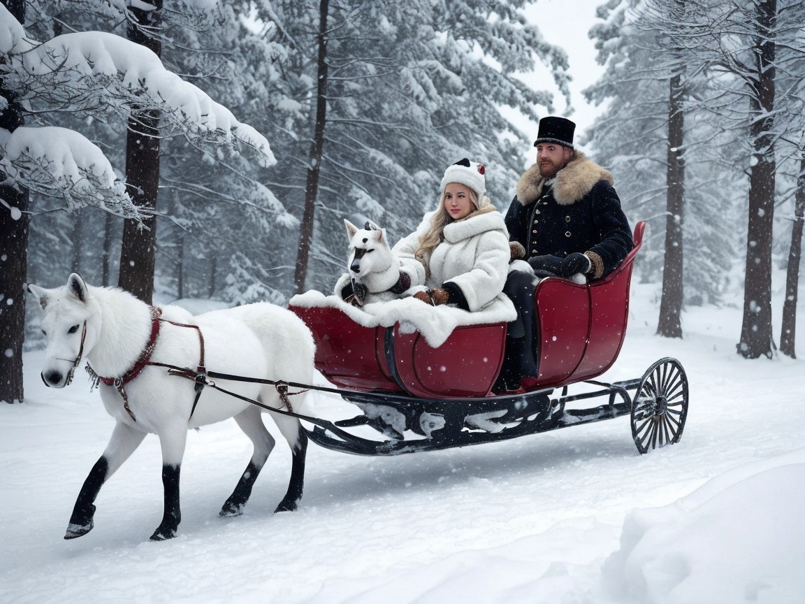 Couple in Ornate Sleigh in Snowy Landscape
