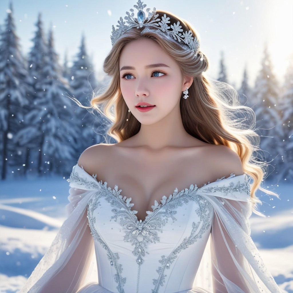 Young Woman in Ivory Gown in Snowy Landscape