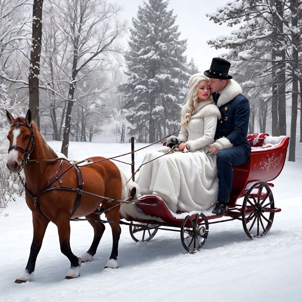 Elegant Couple in Red Sleigh Amidst Winter Snow