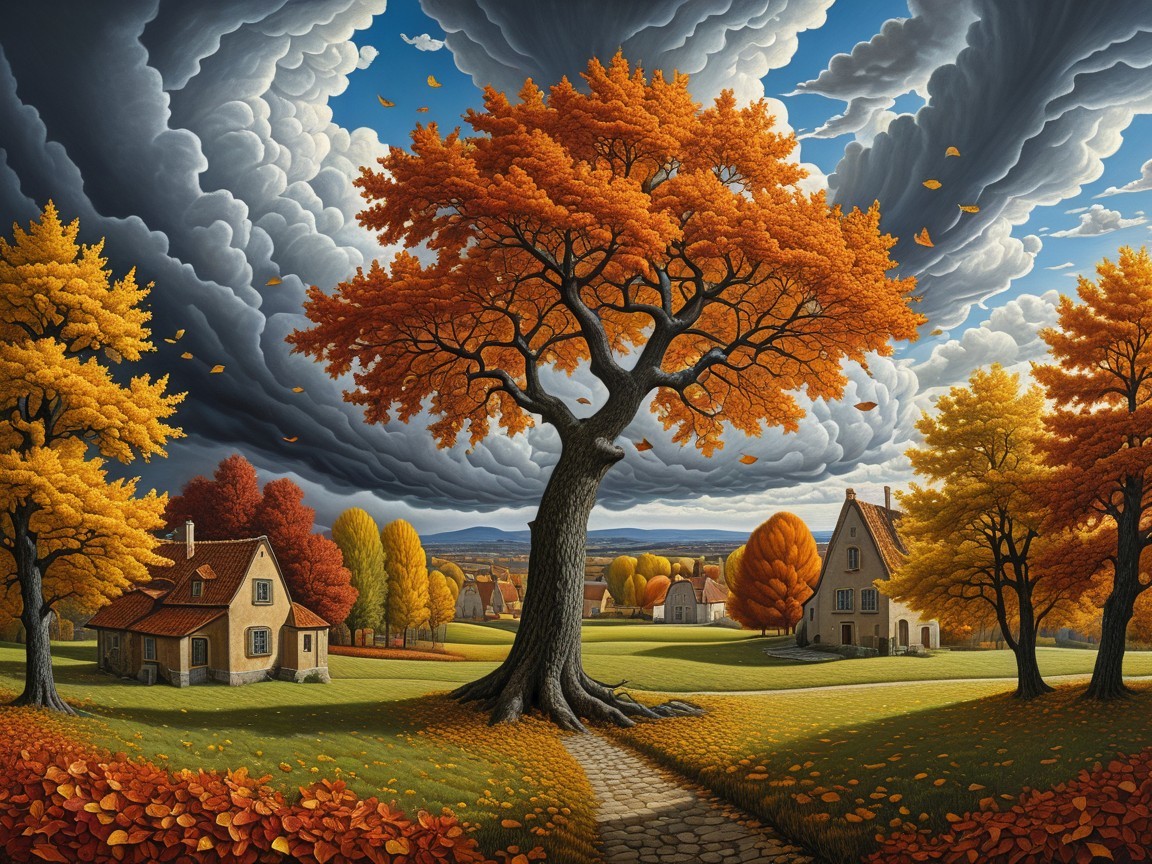Vibrant Autumn Landscape with Majestic Tree and Houses