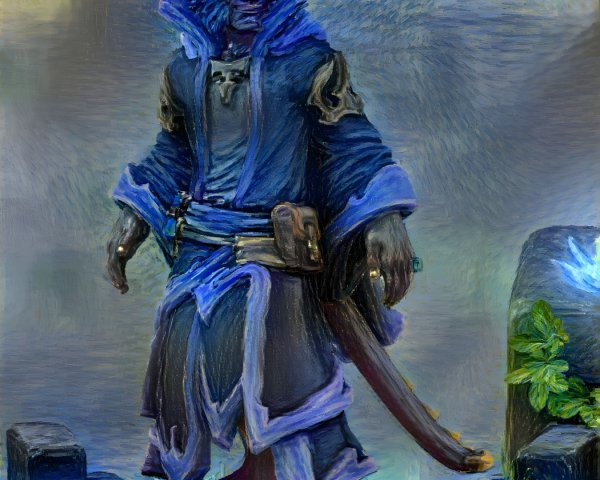 Fantastical character with blue skin and glowing eyes
