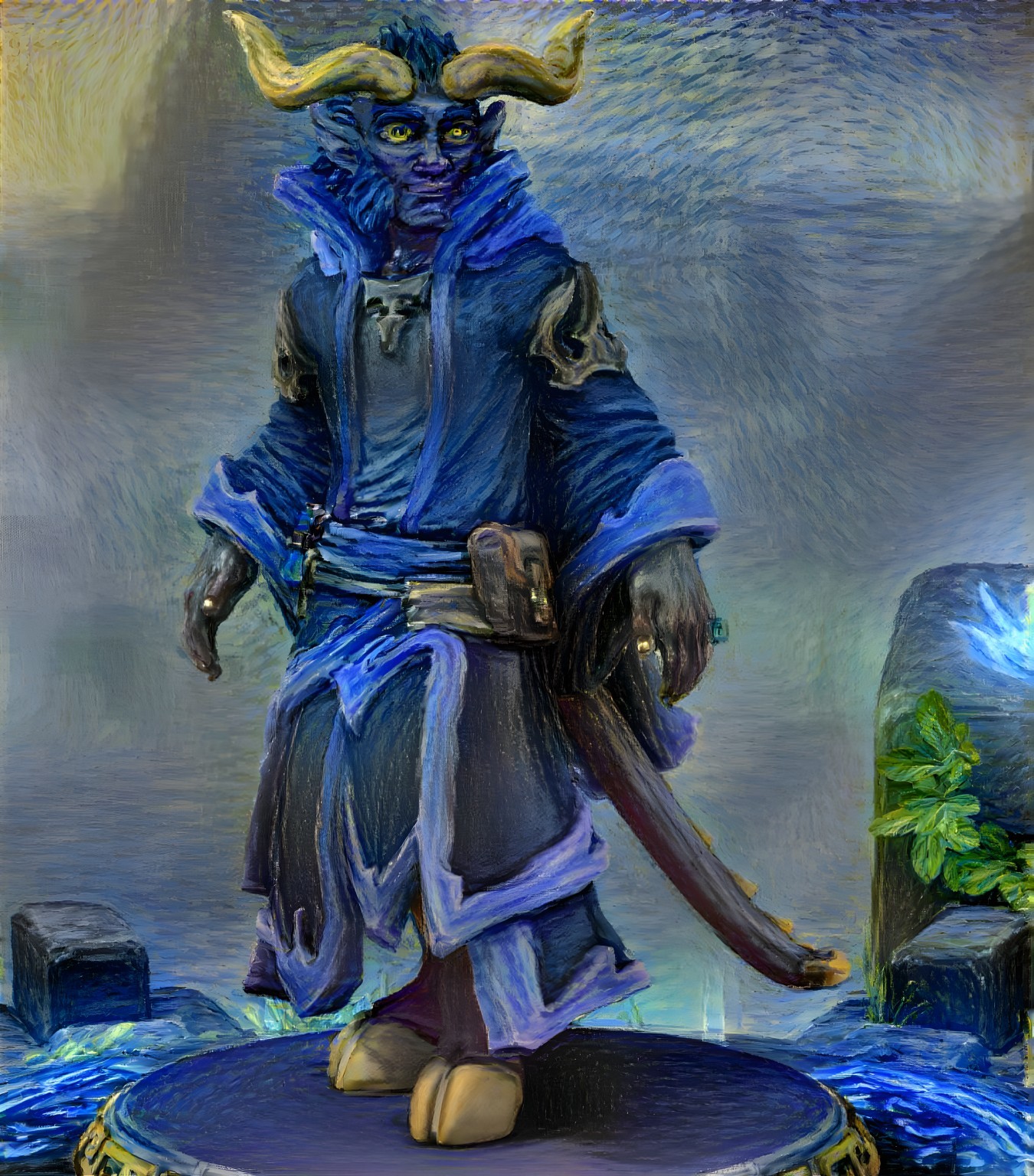 Fantastical character with blue skin and glowing eyes