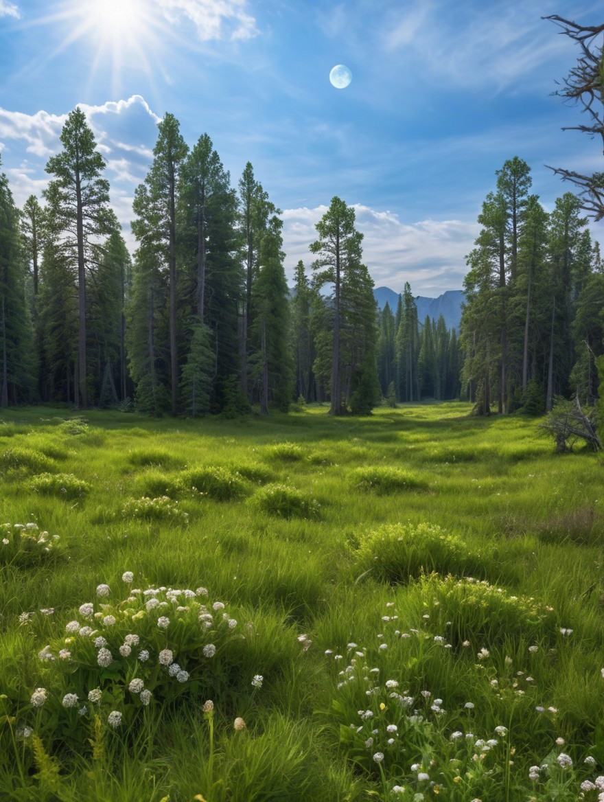 Serene Meadow with Pine Trees and Sun-Moon View