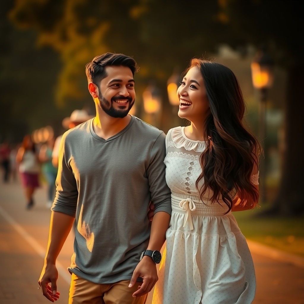 Couple Walking Hand in Hand in Sunlit Park Pathway
