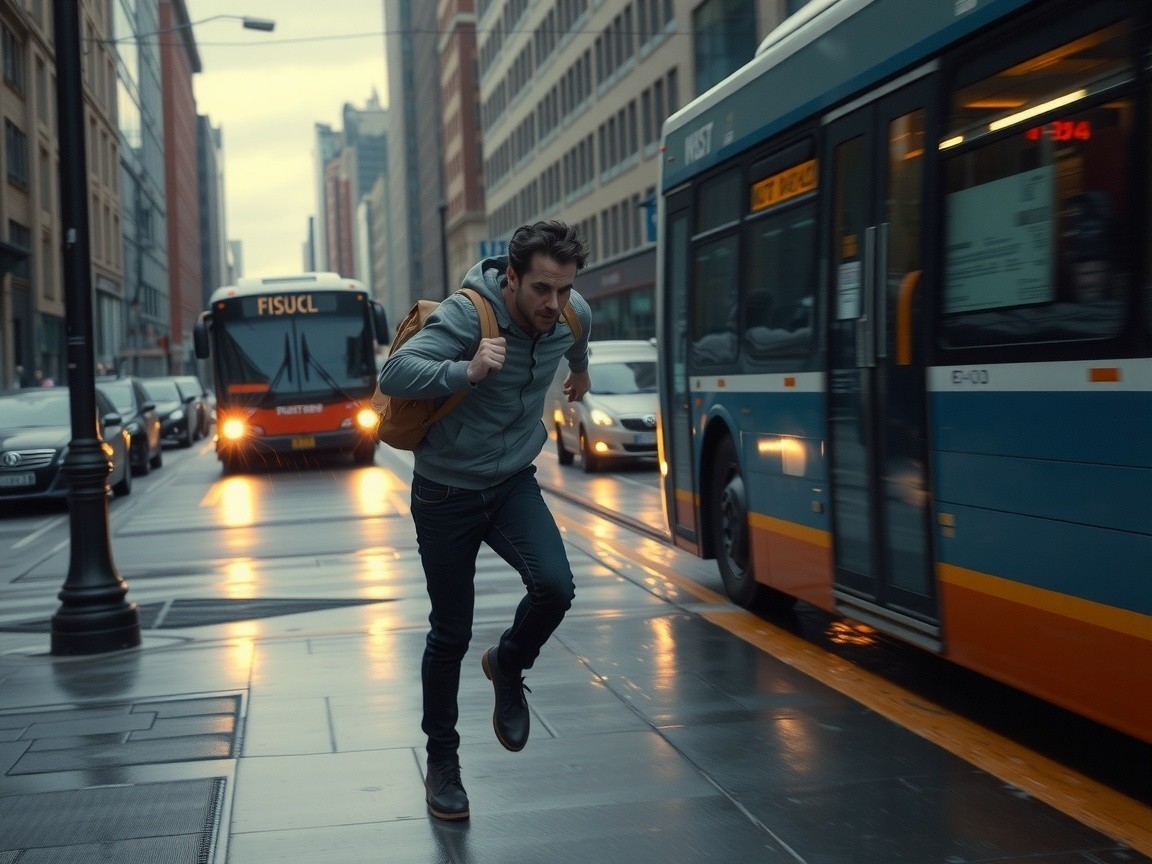 Man Running on Rainy Urban Street with Backpack