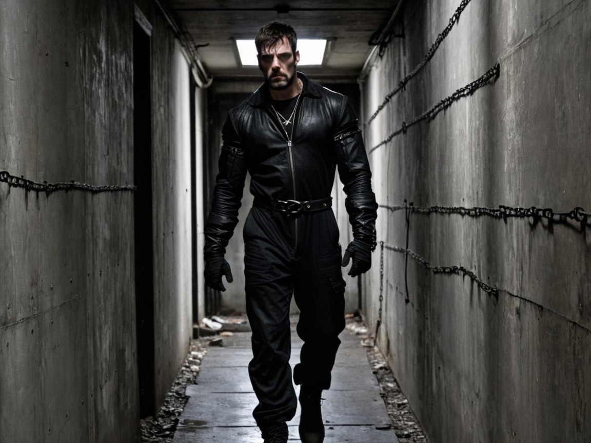 Muscular Figure in Dimly Lit Corridor with Chains