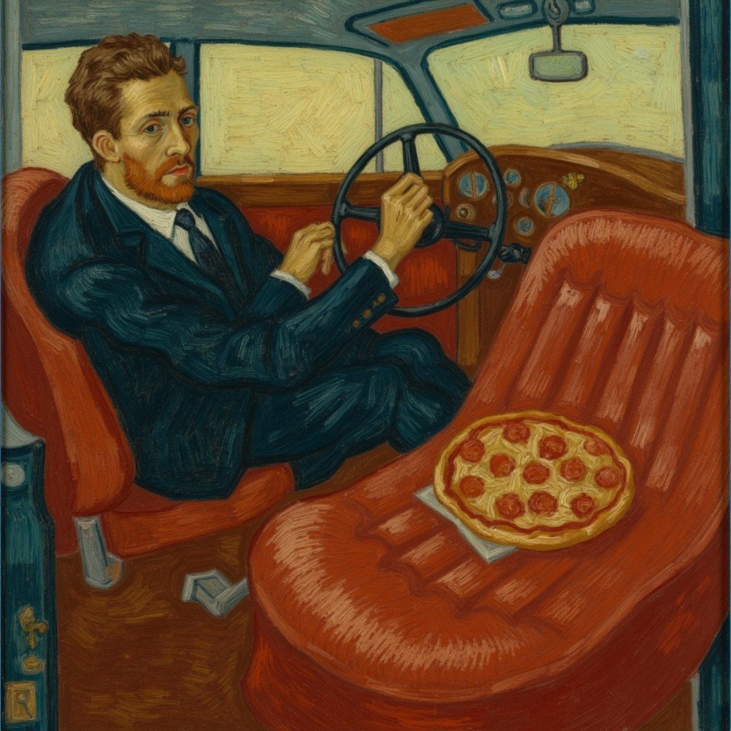 Man in Suit Driving Vintage Car with Pizza Inside