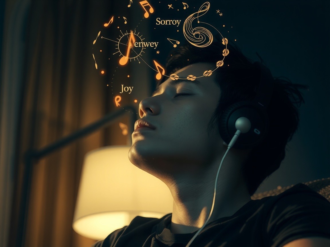 Young man in dim room immersed in music and emotions