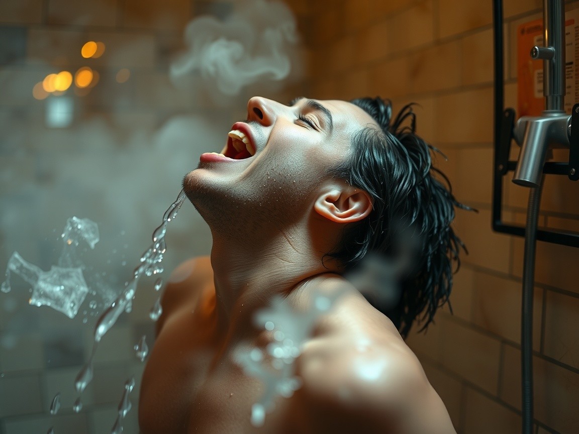 Young man enjoying a steamy shower with joyful expression