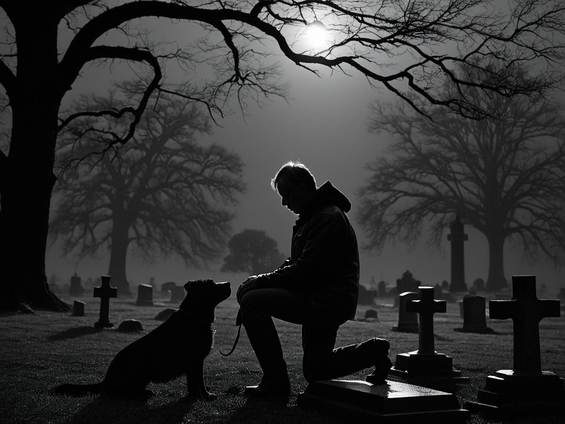 Serene Cemetery Scene with Moonlight and Companionship