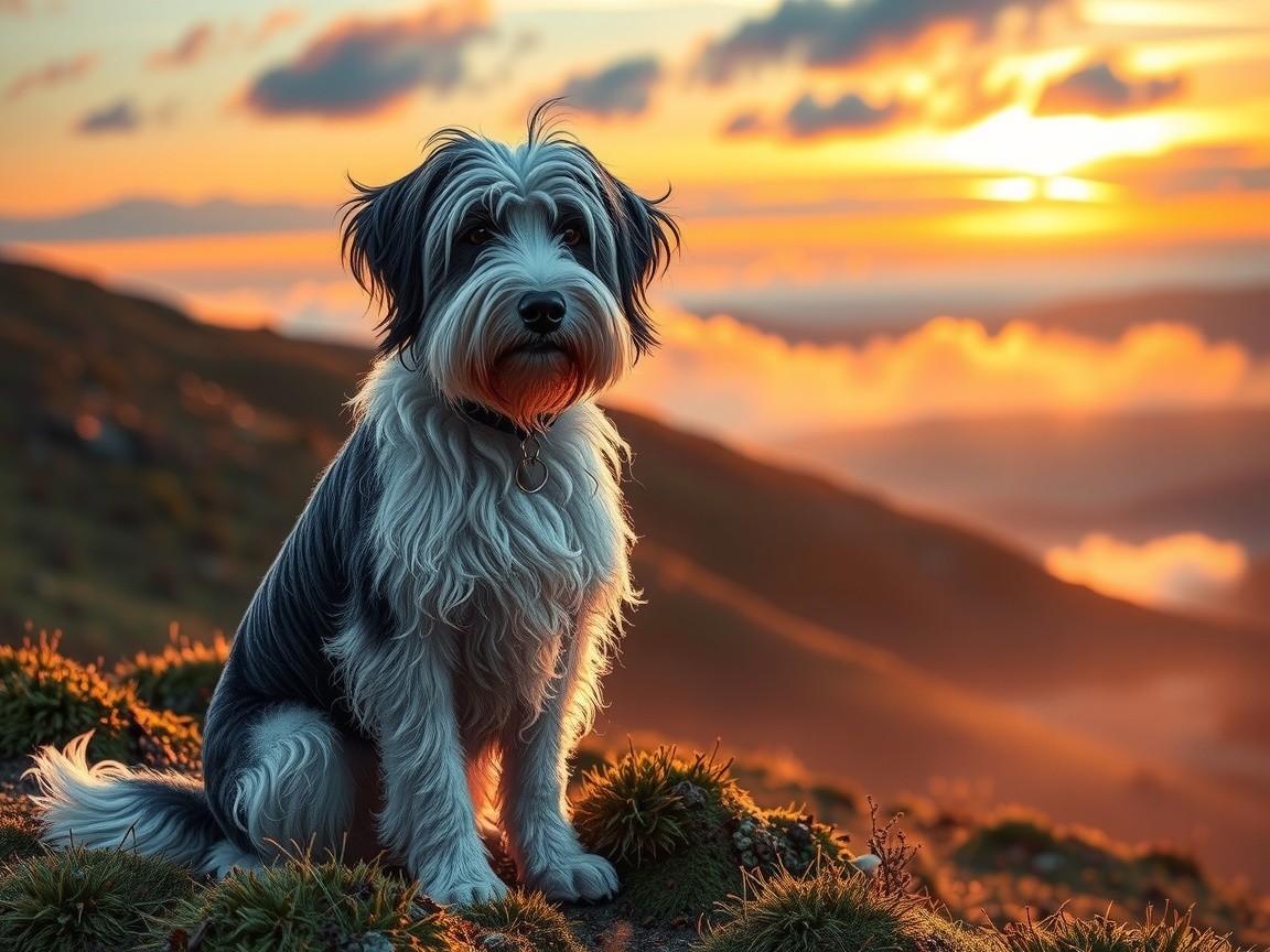 Fluffy Dog on Grassy Hill During Serene Sunset