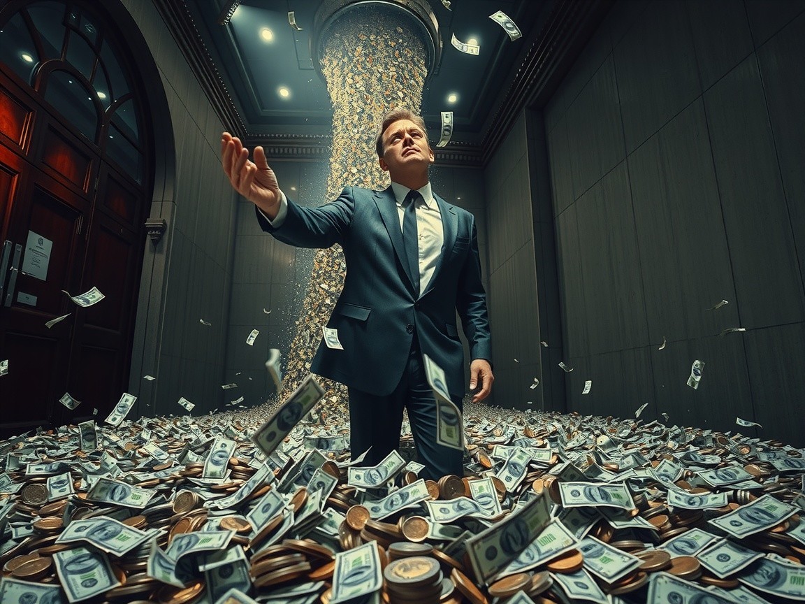 Suited Man Surrounded by Money in Elegant Room