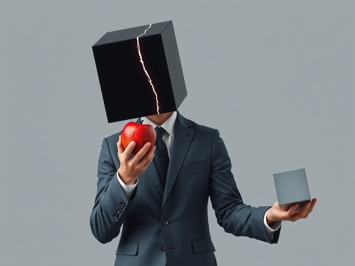 Suited Figure with Apple and Glowing Cube on Grey Backdrop