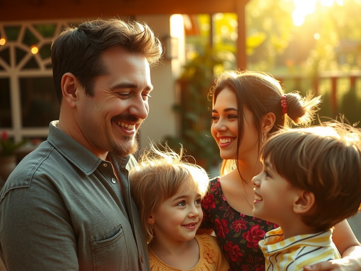Family Embracing in Soft Golden Light Outdoors