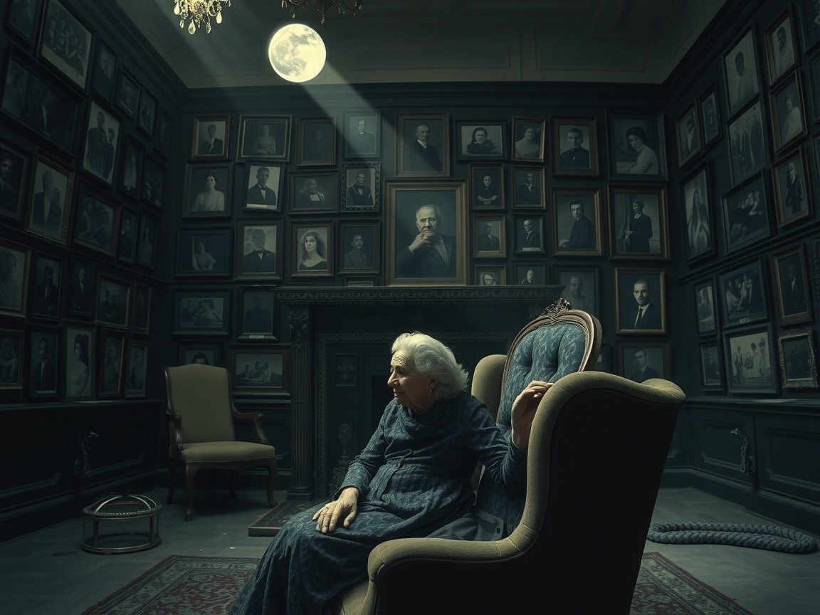 Elderly Woman in Vintage Armchair Under Moonlight