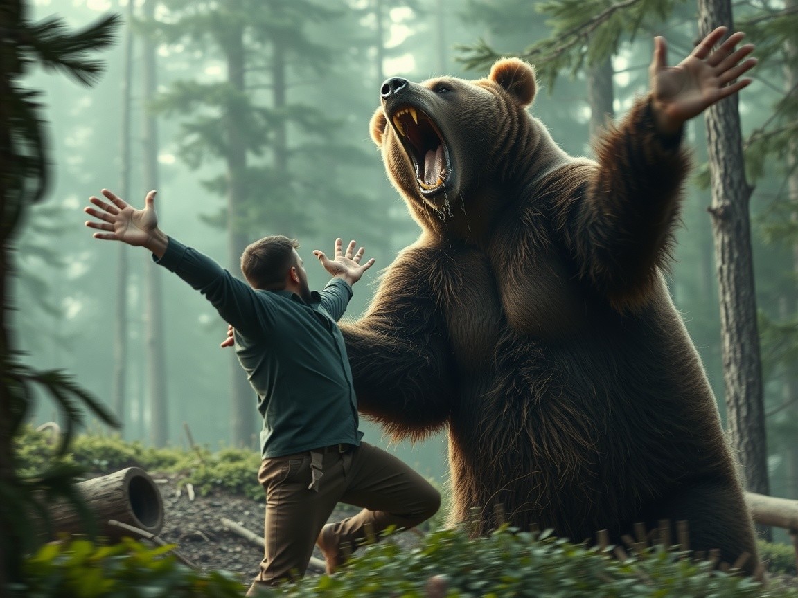 Man Surprised by Roaring Bear in Dense Forest