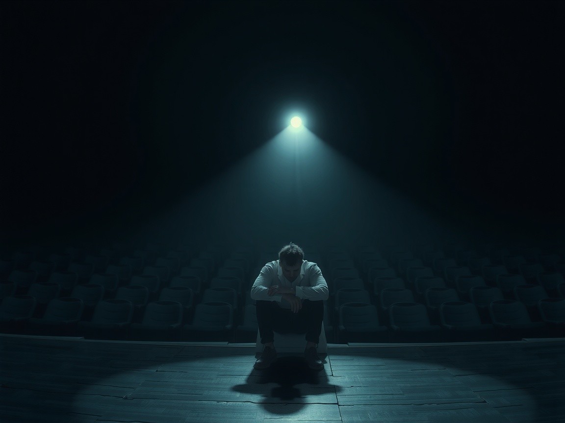 Solitary Figure on Dimly Lit Theater Stage