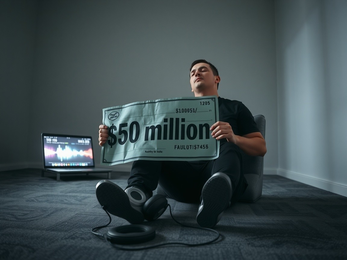 Young man with $50 million mock check in cozy setting